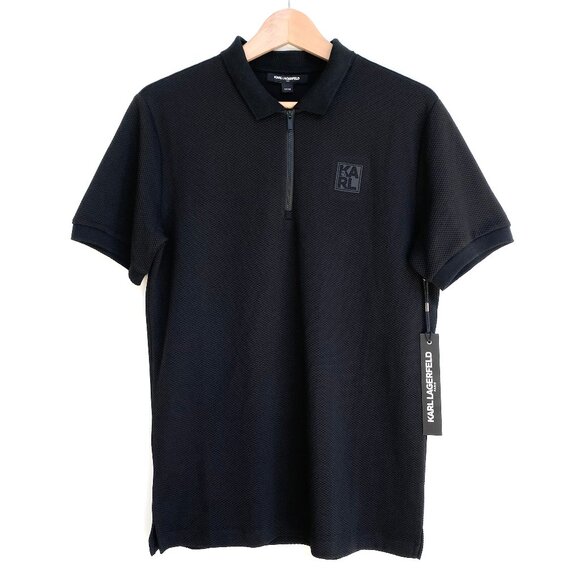 NWT Karl Lagerfeld Mens Textured Performance Polo Zipper Short Sleeve Black - Picture 1 of 14